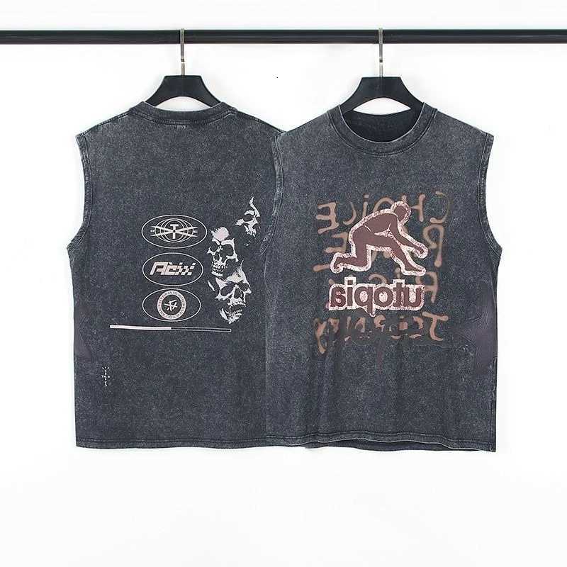 Summer Man Sleeveless Shirt American High Street Vintage Washed Round-neck Printed Vest Womens Loose Oversized Tank Tops Y2k X250821
