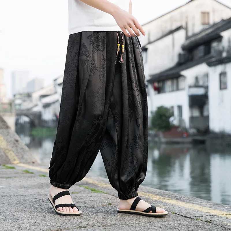 Mens Pants Dragon Pattern Chinese Loose Trousers Smooth Satin Pants Taiji Comfortable Beach Pants Mens Loose Casual PantsXJ250821