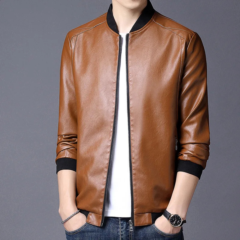2025 Men Jacket Smooth Faux Leather Spring Solid Color Elastic Cuff Coat Slim Stand Collar Cardigan Daily Wear 250815