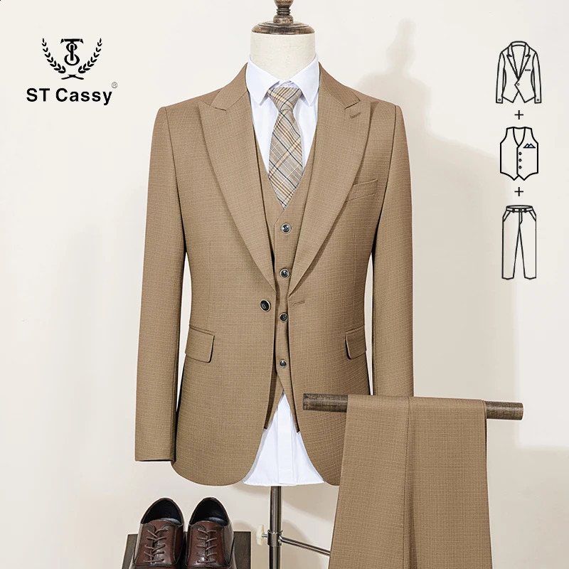 ST Cassy High Quality Mens Suit Summer thin breathable Slim Fit Formal Business Office SuitsjacketVestPants 250821