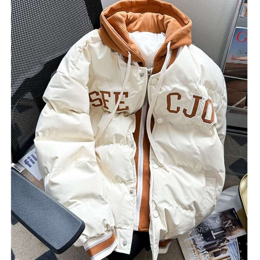 Winter Fleece-Lined Thickened Down Jacket Men's Hooded Trendy Brand Versatile Loose Coat American Style Embroidered Cotton Outerwear B5