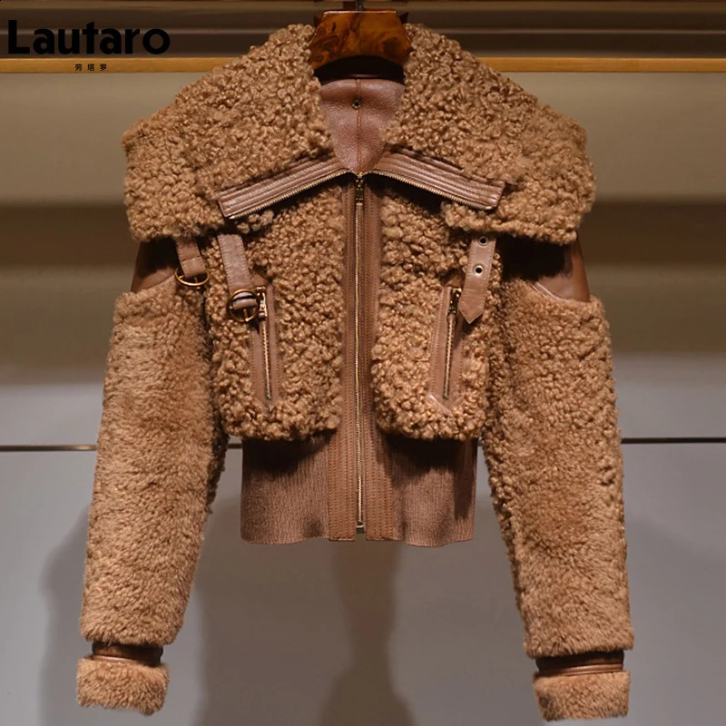 Lautaro Winter Warm Thick Patchwork Faux Fur Coat Women Long Sleeve zipper Turndown Collar Stylish Fluffy Jacket Fashion 250818