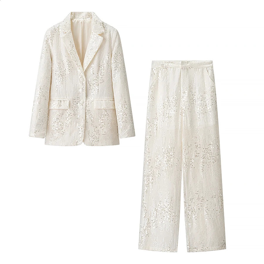 Women AZRAF Autumn Fashion Sequin Trim Blazer CoatPants Vintage Long Sleeve Buttons Casual Female set woman 2 pieces 250821