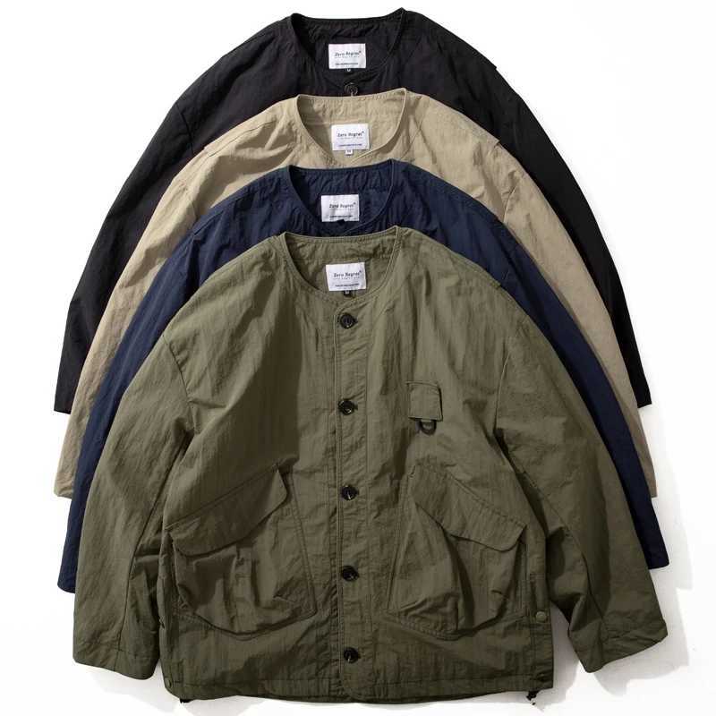 2025 New Japanese Work Jacket Mens Outdoor Functional Three-proof Loose Multi-pocket Loose Casual Thin Collarless Mens Jacket W250821