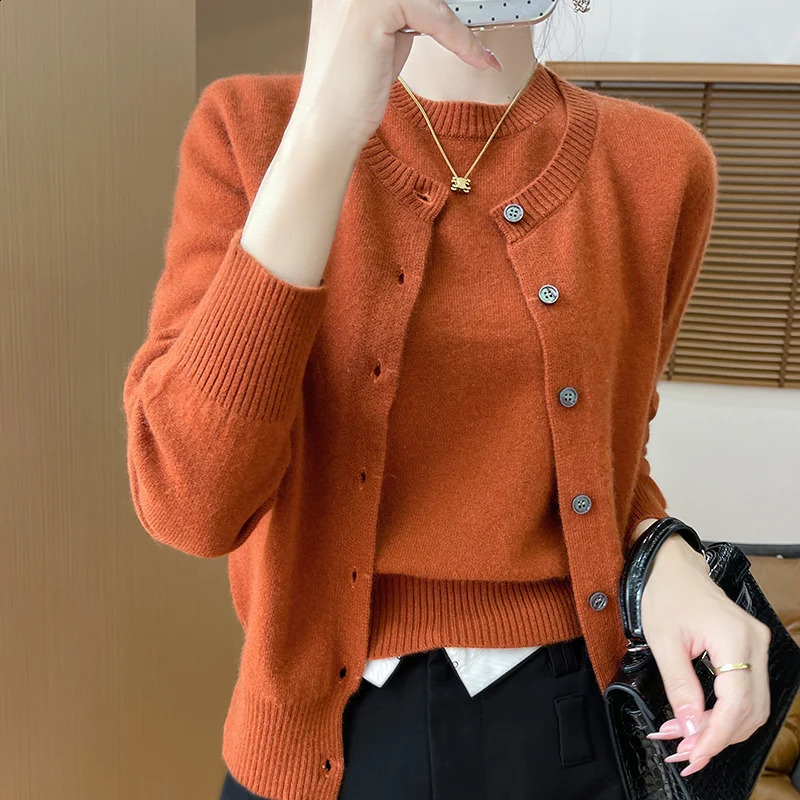Women 100% Merino Wool Two Piece Set Sweater O-neck Long Sleeve Cardigan and Short Sleeve Pullover All Seasons Cashmere Knit Top250821