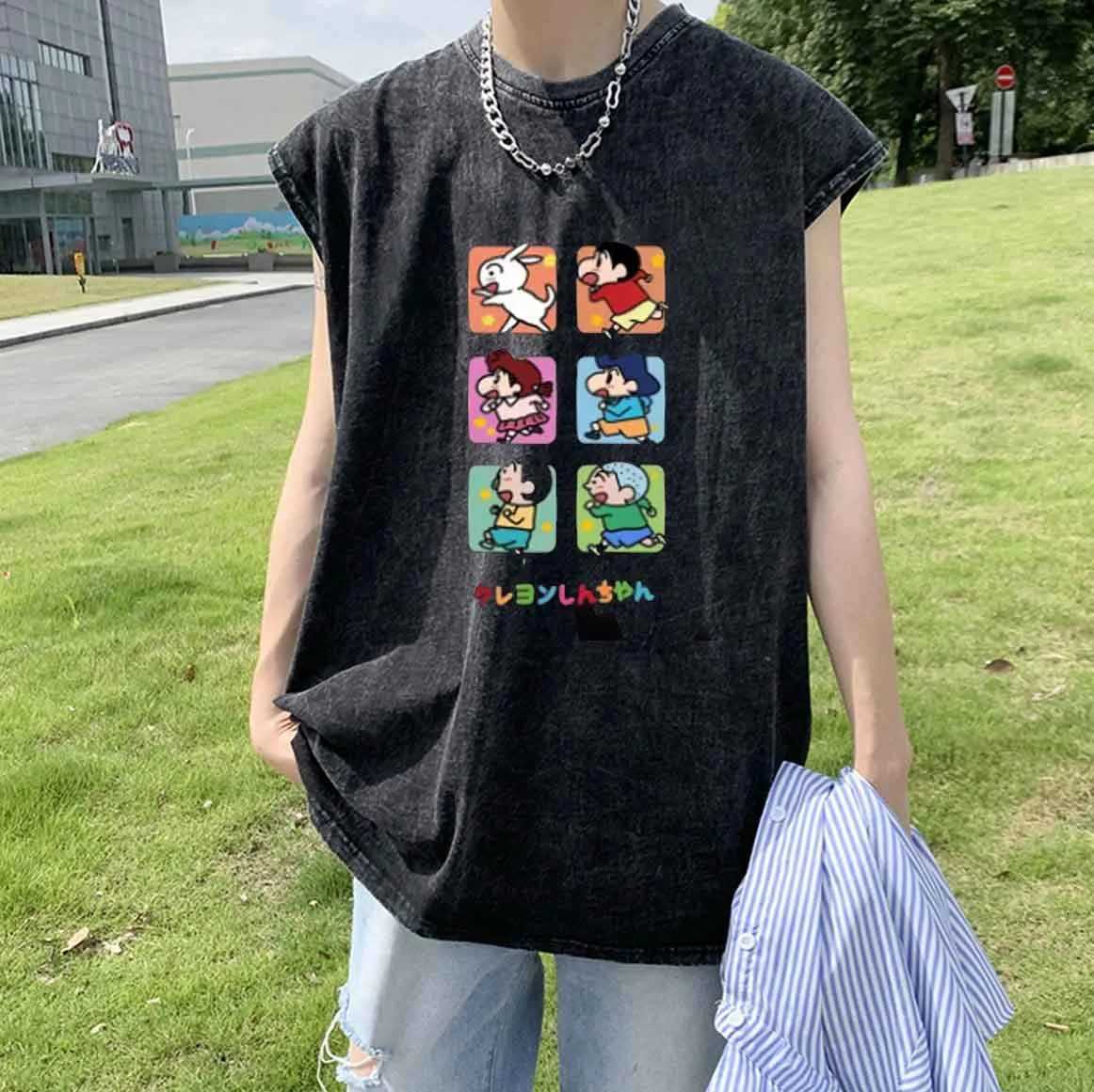 Mens Tank Tops Anime Crayon Shin-chan Print Washed Vintage Sleeveless Shirt Summer Y2k Clothes Casual Street Gym Vest Oversized X250821