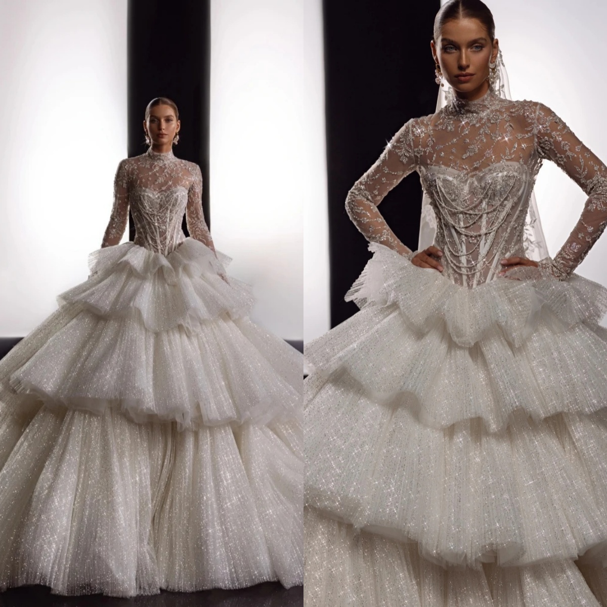 Sexy High Neck Ball Gown Wedding Dress Shiny Floral Sequined Pearls Bridal Dress Tiered Puffy Customized vestidos de novia