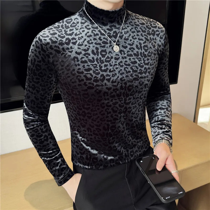 Velvet Leopard Print T Shirts For Men Mock Neck Long Sleeve Pullover Top Spring Autumn Fashion Elastic Slim Fit T-shirts Male 250818