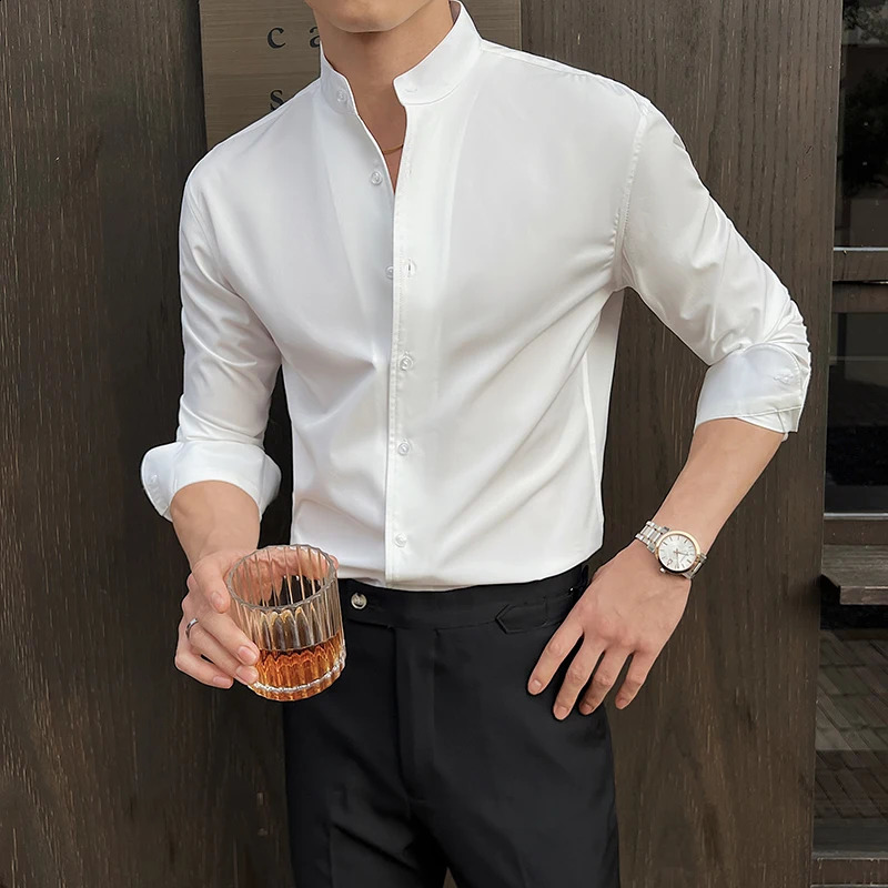 2025 Spring Chinese Style High End Stand Up Collar Shirt Mens Long Sleeve Elastic Slimming Top Social Dress Shirt250820