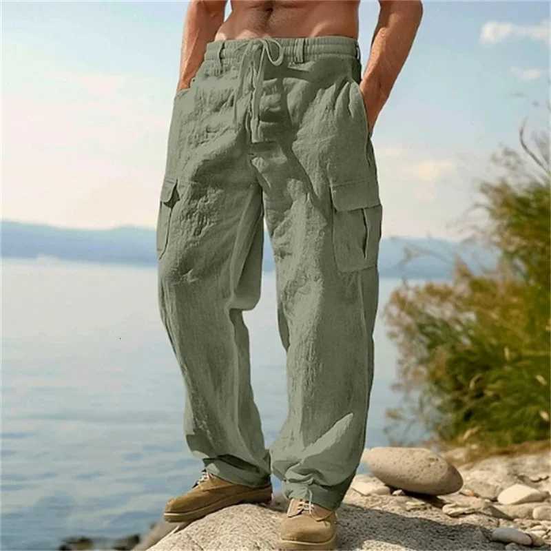 Pantalon décontracté pour hommes en liberté pantalon cargo de coton en lin en coton multi-poches pantalon plage pantalon mince homme xj250821