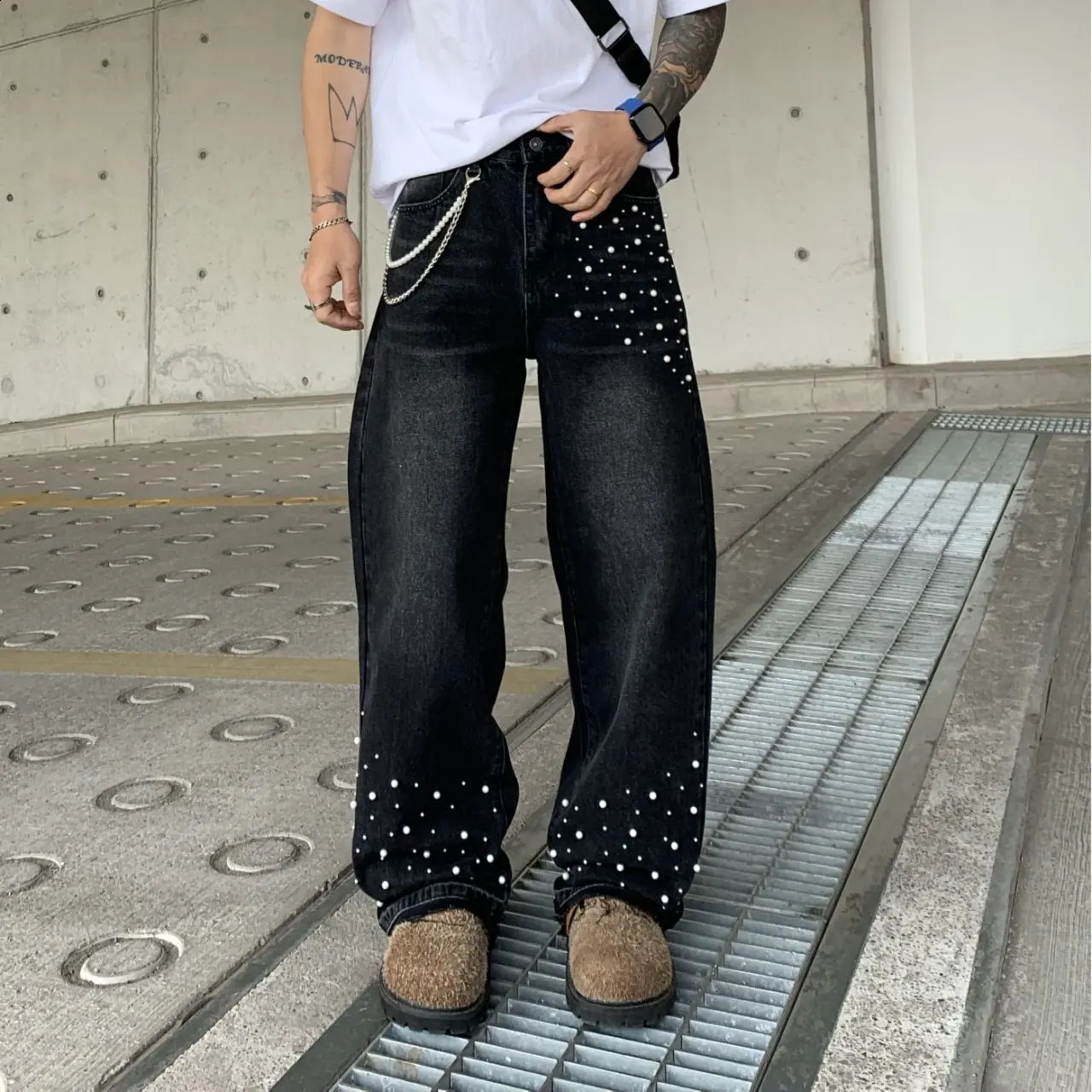 Men Streetwear Fashion Hip Hop Embroidered Flares Loose Casual Plus Size Oversize Denim Ripped Jeans Pants Baggy Jeans Trousers 250820