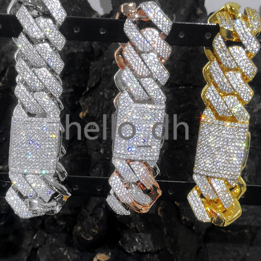 Mens and Womens Fine Jewelry 20mm Gold Silver Cuban Link Chain Hip Hop Shiny Iced Diamond Cuban Link Bracelet