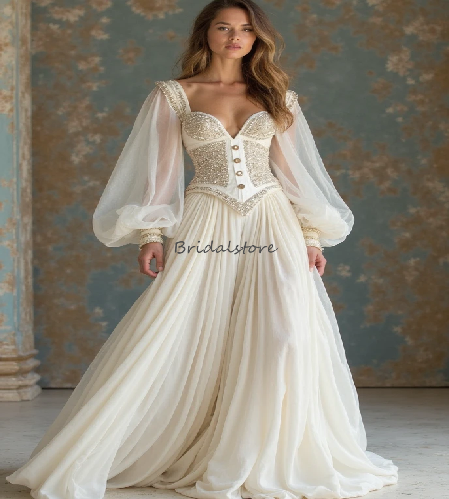 Enchanteur robe de mariée boho 2025 chérie manches longues perlé bohemian robe nuptiale fée country robe mariée mystique charmant robe civil de m