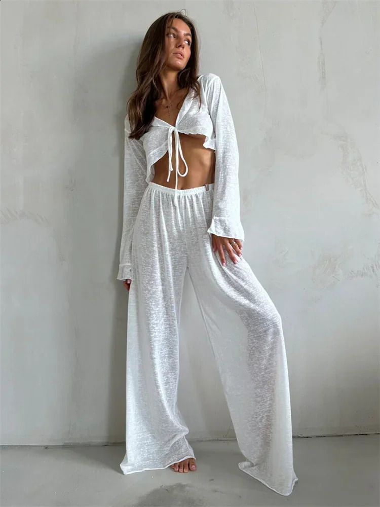 Pantalon décontracté à 2 pièces pour femmes pour femmes en V-à col à lacets à manches longues et pantalons féminins à taille haute