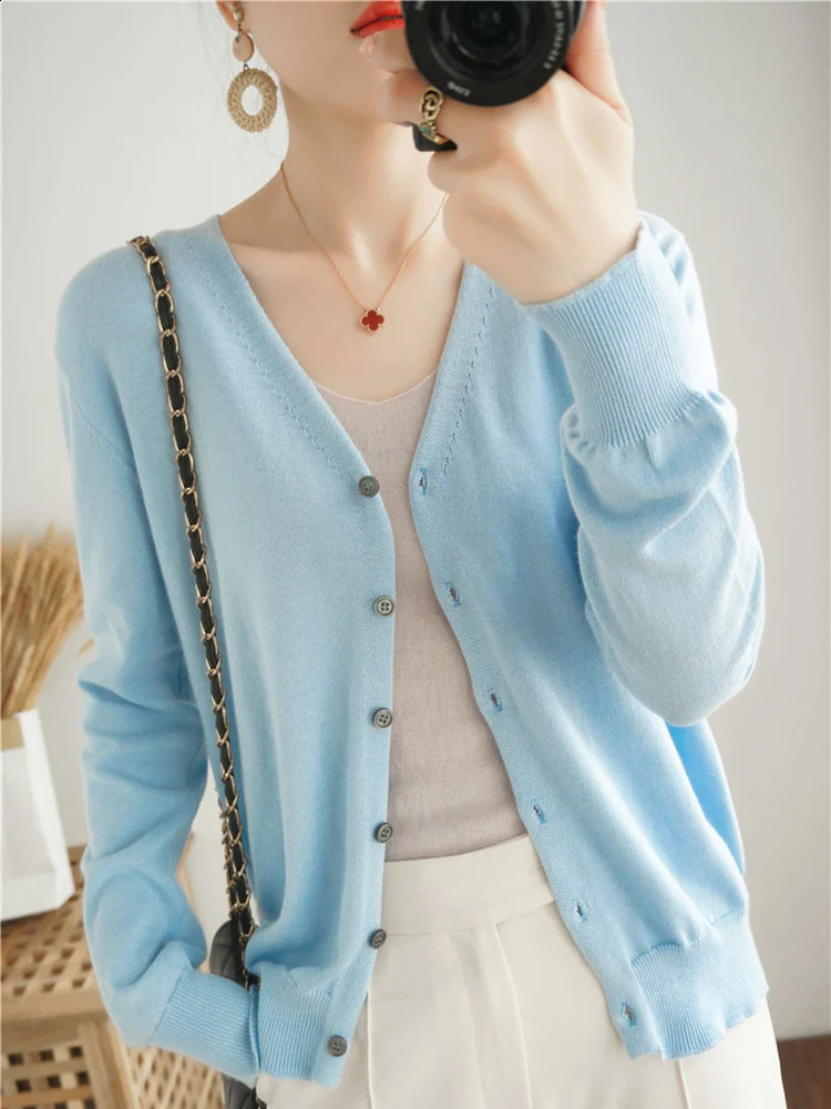 100% Cotton Line Long Sleeve V-Neck Knitted Cardigan Women Loose Short Solid Color Simple Sun Protection SMY K61250821
