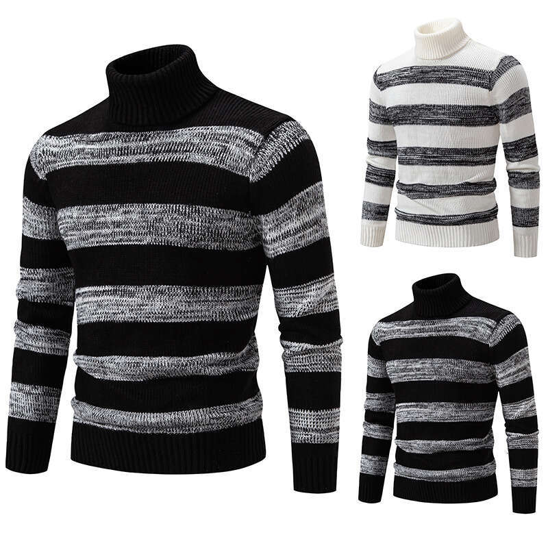 Autumn Winter New Knitted Korean Style Striped Spliced High Collar Slim Fit Men's Sweater Base Shirt B5