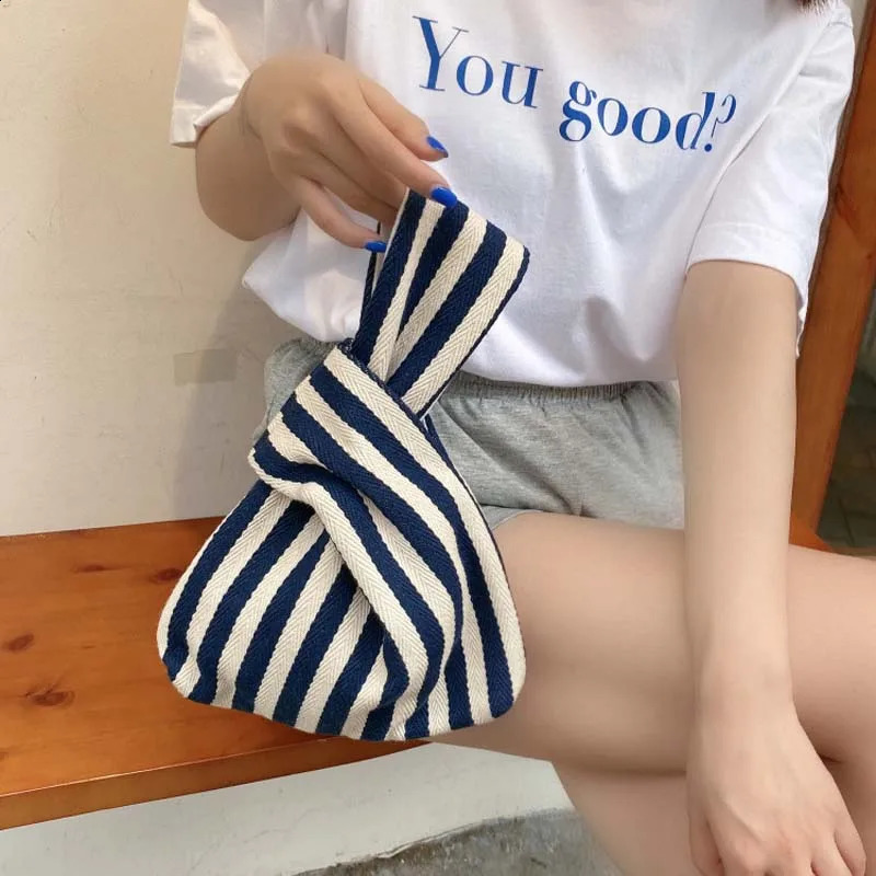 Portable Knot Wrist Bag for Women Chic Stripe Bags Simple Purses Tote Canvas Storage Cosmetic Bag Ladies Phone Key Coin Bag 250814