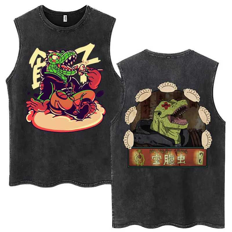 Men's Anime Tank Top, Sport Knit Sleeveless Shirt - Dark Grey Acetate Gyoza Graphic, Loose-Fit Anime Shirt for Gym, Training, Casual Wear, and Every