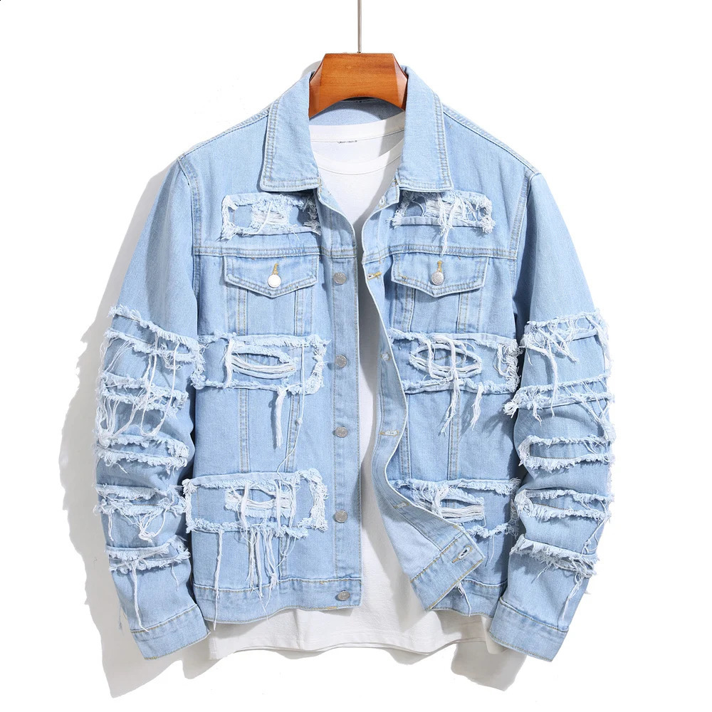 Des hommes de style de rue élégants ont déchiré en détresse épissant la veste en jean mince de haute qualité manteau de veste de moto masculine 2