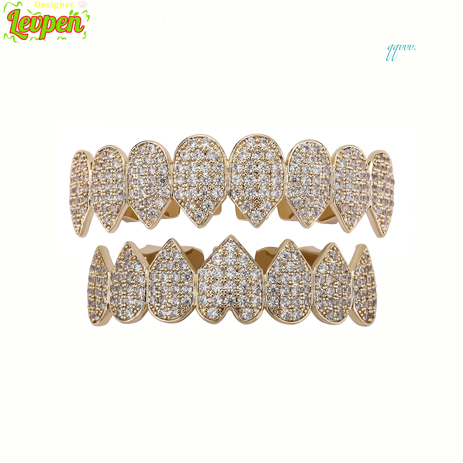Heart Gold Plated Top Diamond Bottom Teeth Grillz Set Cubic Zirconia Punk Teeth Mouth GrillzOACOCA-image-1063640042
