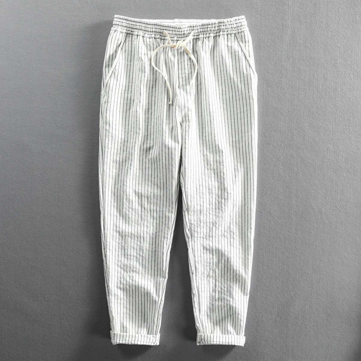 Ankle Length Linen Mens Pants Korean Clothes Summer Thin Casual Harem Pants Men Striped Trousers Pants For Men VintageXJ250821