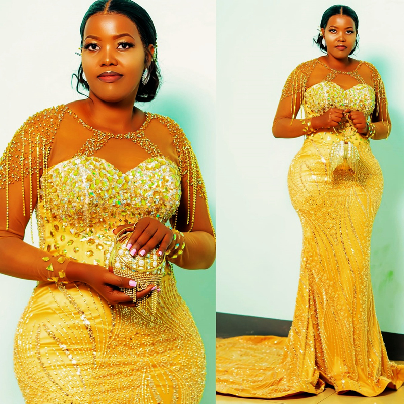 Plus Size Gold Prom Dress 2025 Mermaid Formal Gowns Illusion Sheer Neck Long Sleeves Beaded Lace Tassel Robe De Soiree Pearls Birthday Second Recept