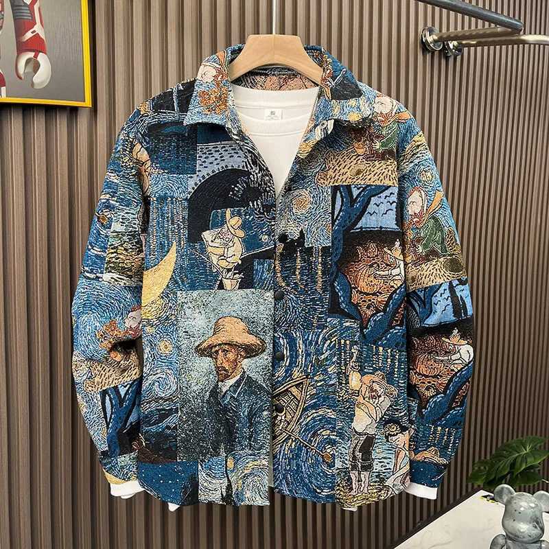 2025 Summer Mens Loose Cartoon Pattern Casual Jacket Men Single Breasted Turndown Collar Printed Coat Men Youth Top Size M-4XL W250821