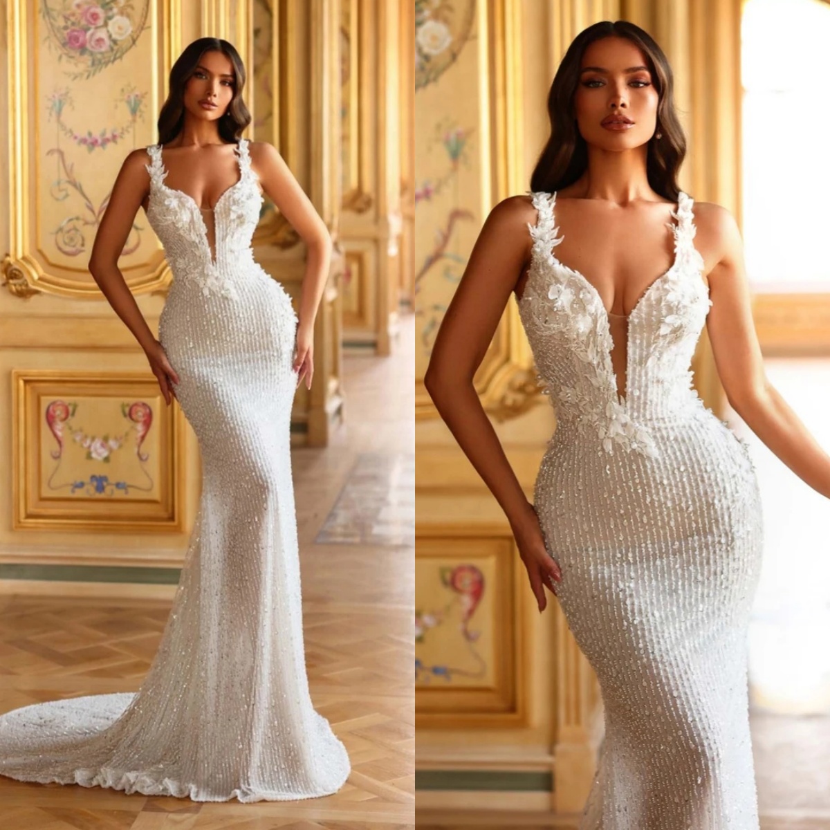 Robe de mariée sirène élégante Spaghetti Simple Spaghetti Robe Bridal Appliques florales Robes de mariée personnalisées