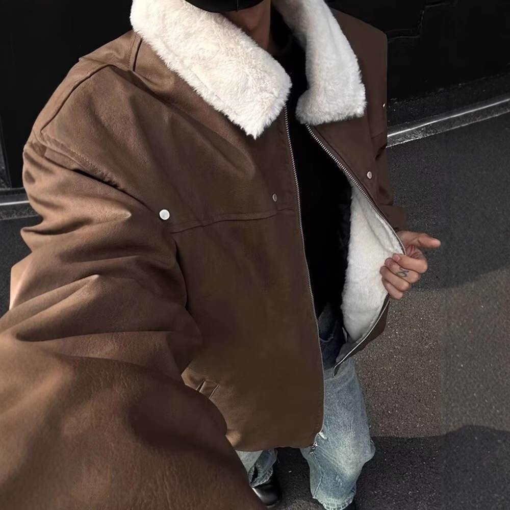 Sheepskin Shearling Coat For Men Winter Thickened Fleece American Style Turn-Down Collar Jacket B5