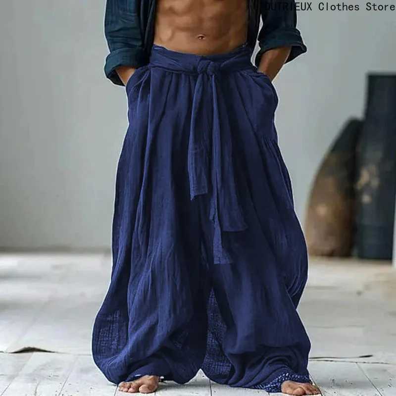 2025 Spring/Summer Mens Cotton and Linen Stretch Waist Wide-leg Pants Super Loose and Breathable Casual Vacation Long Trousers XJ250821