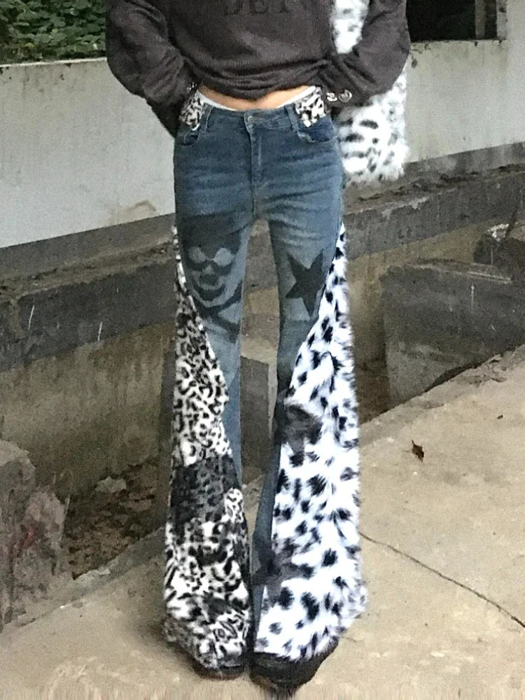 Vintage Skull Leopard Star Print Flare Jeans Women Low Rise Grunge American Retro Denim Pants Harajuku Slim Trousers Pantalones 250821
