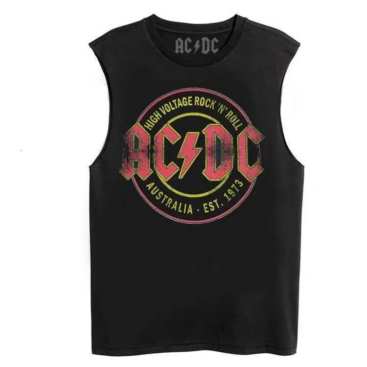 T-shirt de sport rétro Rock N' Roll pour hommes, chemise noire sans manches de style groupe avec logo haute tension, tissu en acétate, origine au