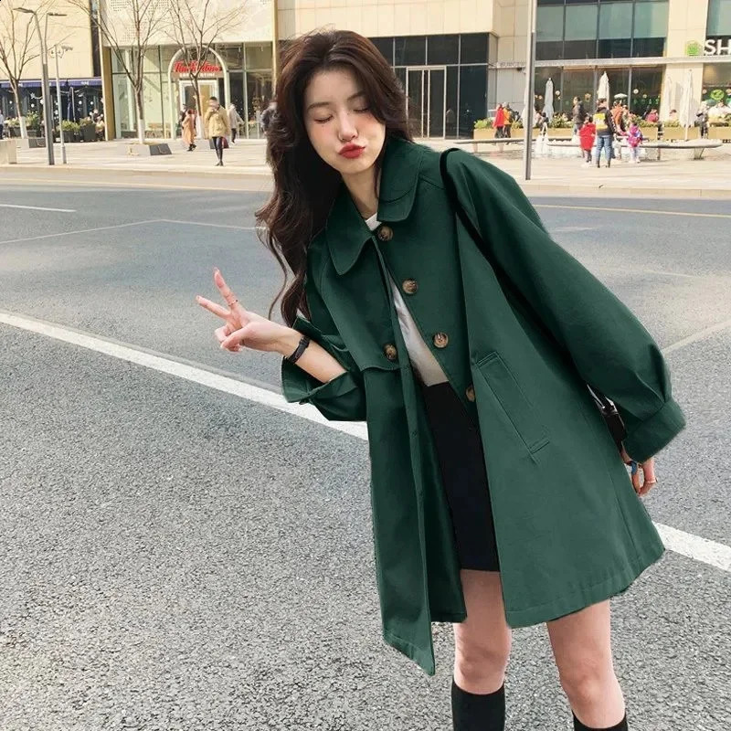 Womens Dark Green Trench Coat Leisure Ladies Fashion Windbreaker Jacket Spring Autumn Mid length Lady Overcoat 250819