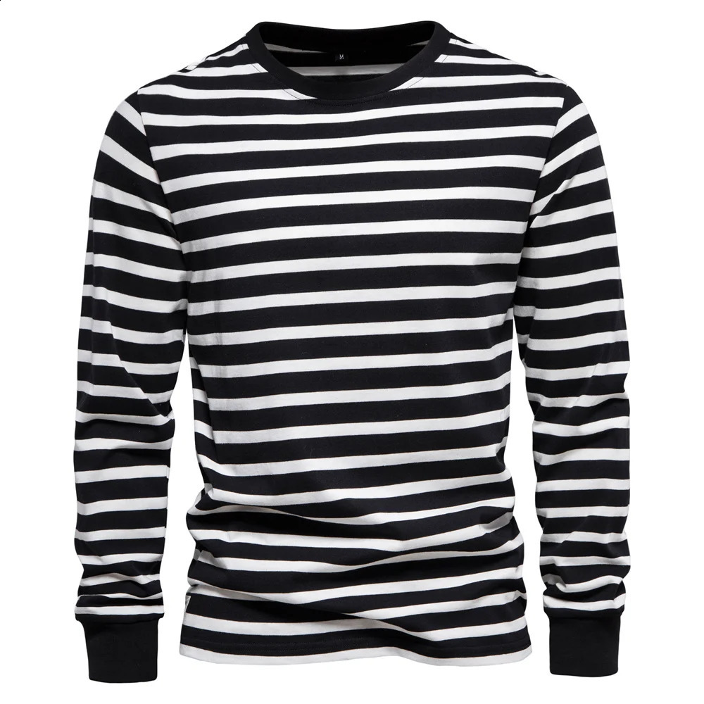 mens striped printed T-shirt comfortable cotton pullover long sleeved O-neck casual loose top simple autumn fashion 250820