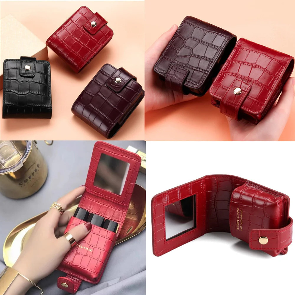 PU Leather Lipstick Bag Women Travel Cosmetic Bag Mirror Small Storage Bags Portable Makeup Bag Mini Toiletry Organizer Pouch 250818