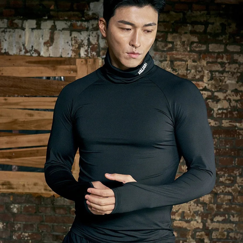 Mens fitness suit longsleeve tight top running compression elastic sport quickdry shirt highneck basketball Tshirt 250820