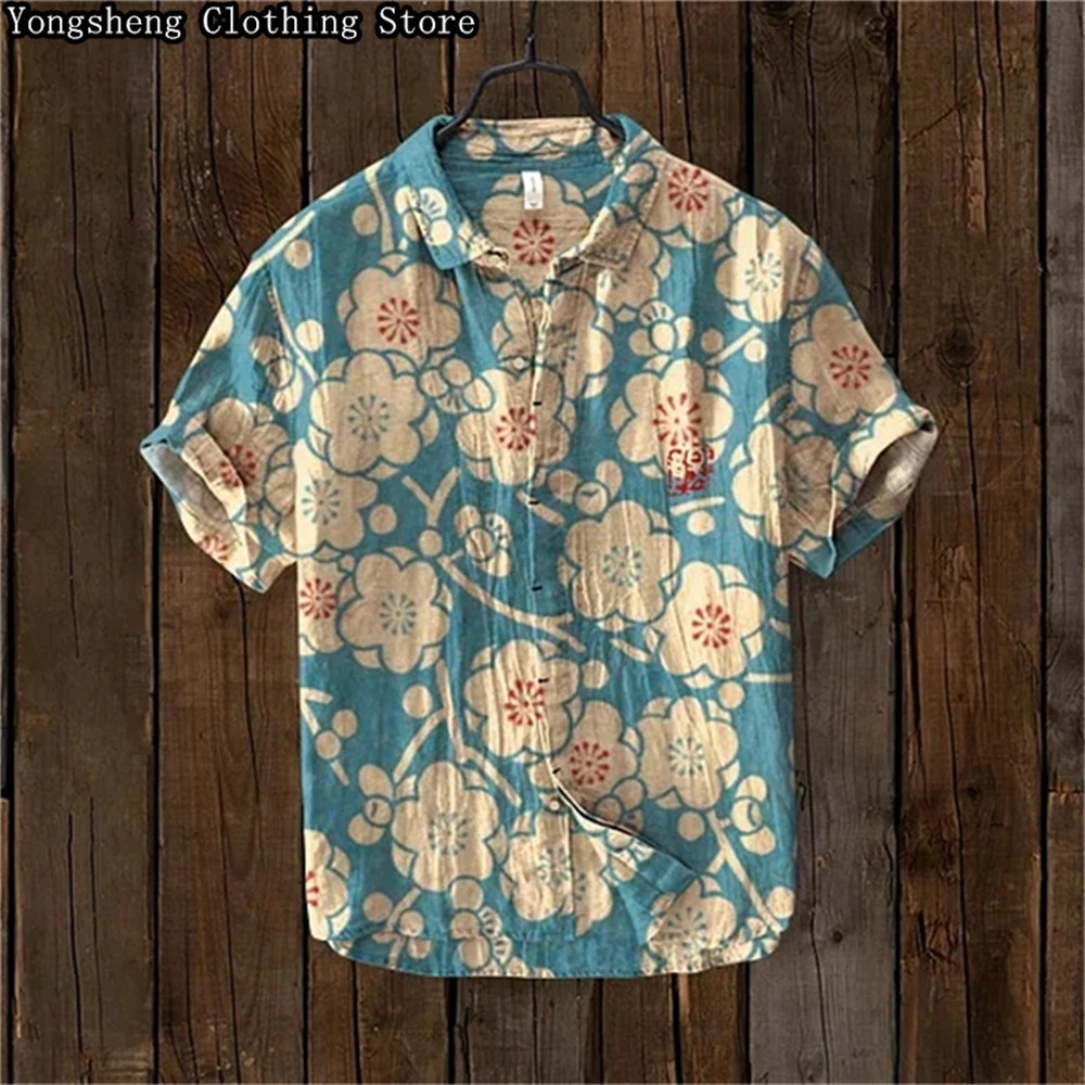 Mens shortsleeved linen printed shirt 2024 Japanese and Korean holiday daily casual clothing large size XS5XL 250808