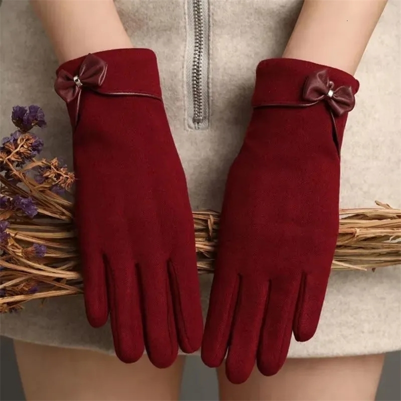 Women Keep Warm Touch Screen Plus Velvet Inside Thicken Windproof Cycling Cute Lovely Bowknot Elegant Elasticity Soft Gloves250821
