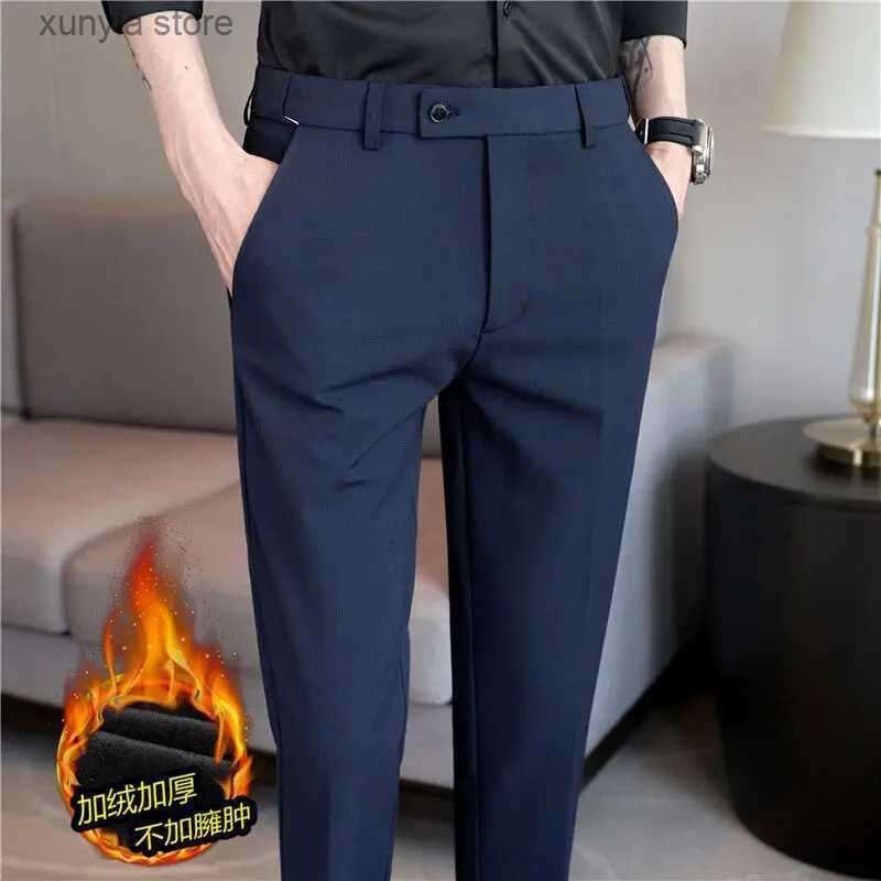 2023 Autumn Winter Plush Warm Suit pants Men Solid Color Elastic Waist Dress Pants Formal Business Slim Office Social TrousersXJ241023 S250821