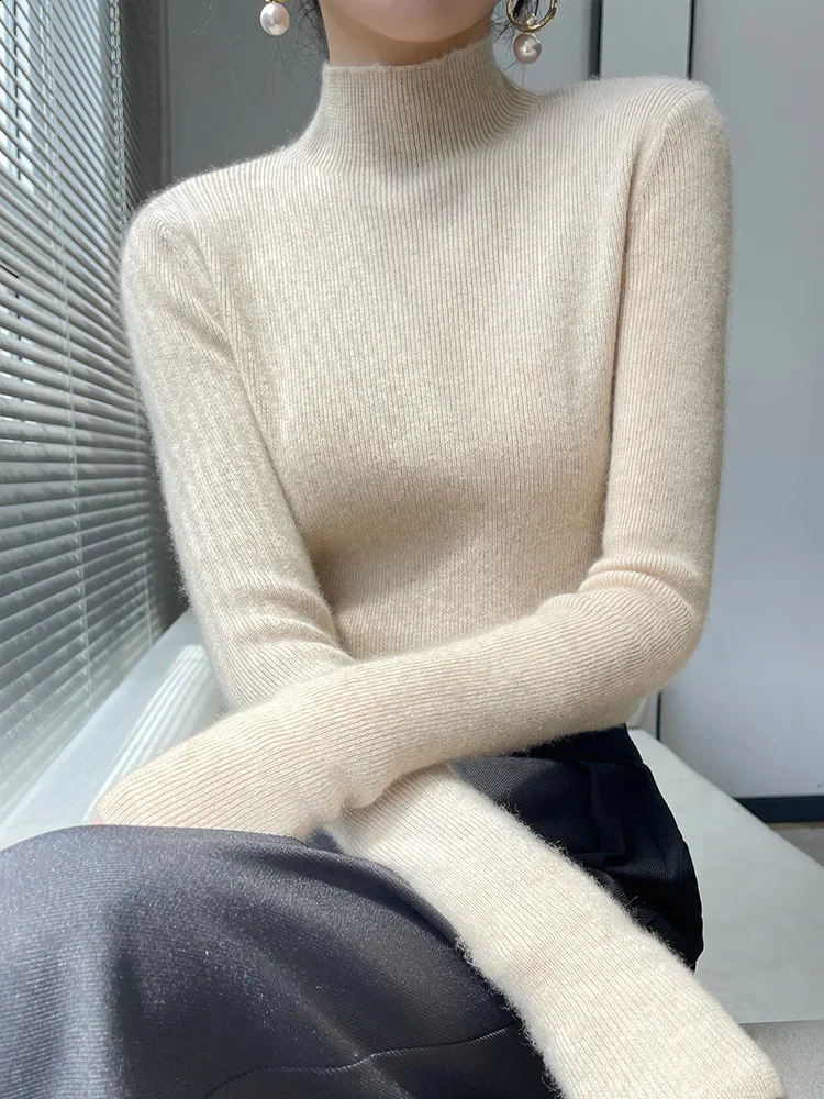 Female Slim Fit Sweater Autumn Winter Turtleneck Thickening Warm Soft Pullovers Ladies Solid Versatile Knitted Tops 250819