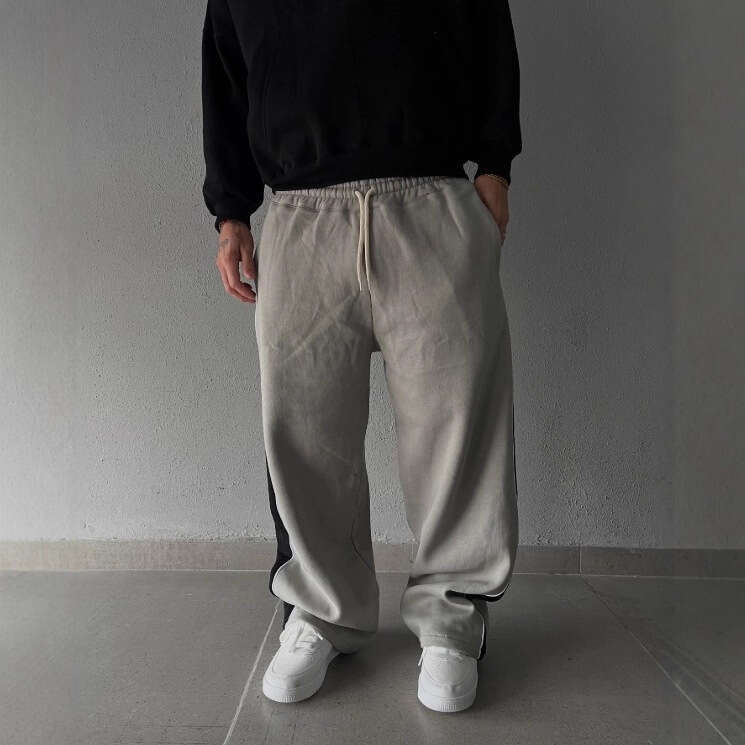 Men's Fashion Design Striped Patchwork Washed Elastic Waist Sports Sweatpants Loose American Style Casual Wide-Leg Long Pants B5