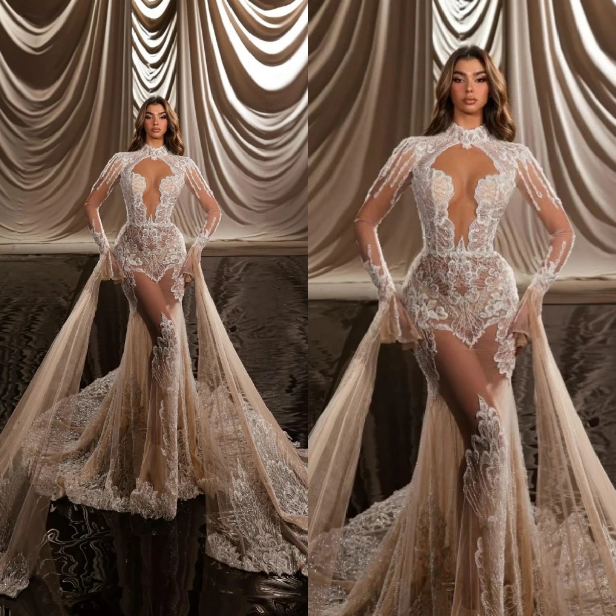 Sexy High Neck Mermaid Wedding Dress Fashion Long Sleeve Lace Bridal Gown Sweep Train Sequined Bride Dresses Customized