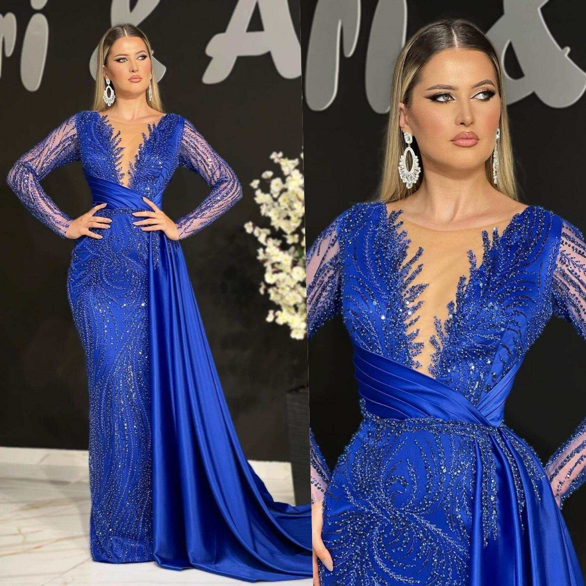Exquisite Sequins Evening Dresses O Neck Long Sleeve Tailing Mermaid Prom Gowns Beading Appliques DInner Party Customized Dresses