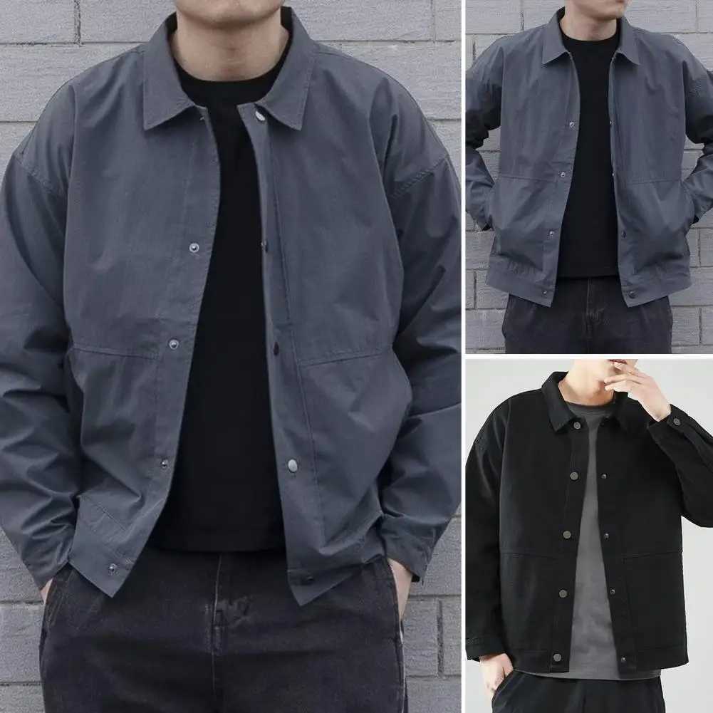 Autumn Winter Men Cargo Coat Solid Color Turndown Collar Windproof Korean Style Relaxed Fit Jacket for Working W250821