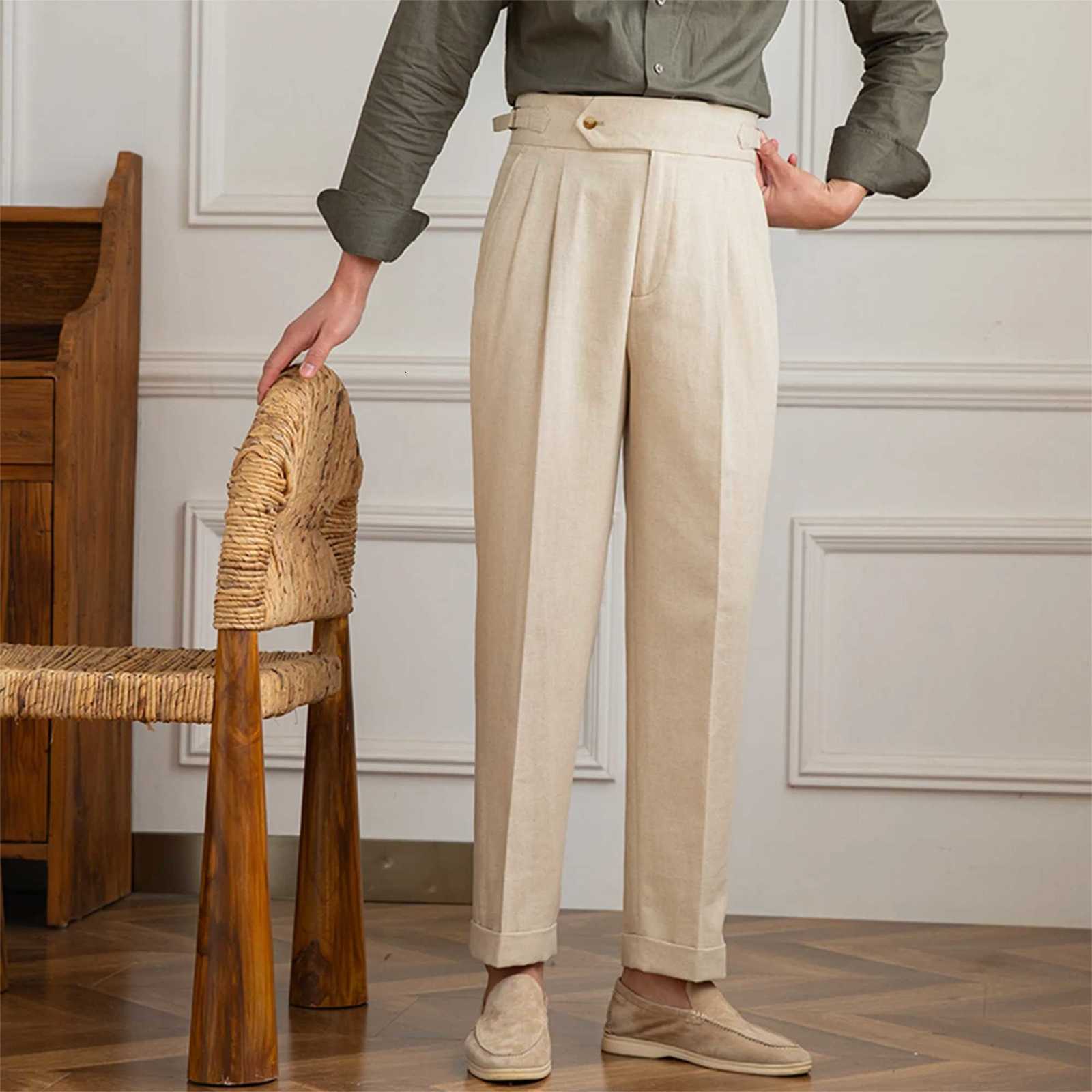Three Gentleman Summer Naples Casual Straight Pants Mens Commuting Cotton and Linen Comfortable Breathable High Waist Pants XJ250821