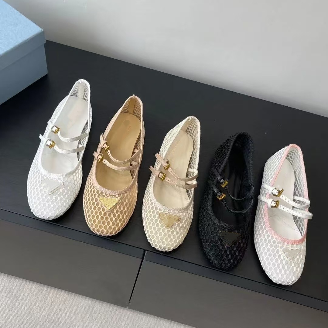 Designer shoe luxury girl prom Dress shoe Women Black White mesh Flat Fishnet shoe soft Leather loafer sac Ballet beach walk dhgate mary jane lux Ca