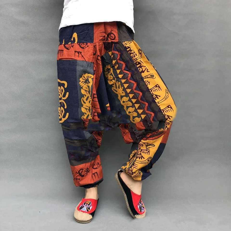 Mens Summer Retro Casual Harem Ethnic Printing Large Crotch Loose Pants Trouser Men Pants Hip Hop Joggers Casual Loose TrouserXJ250821