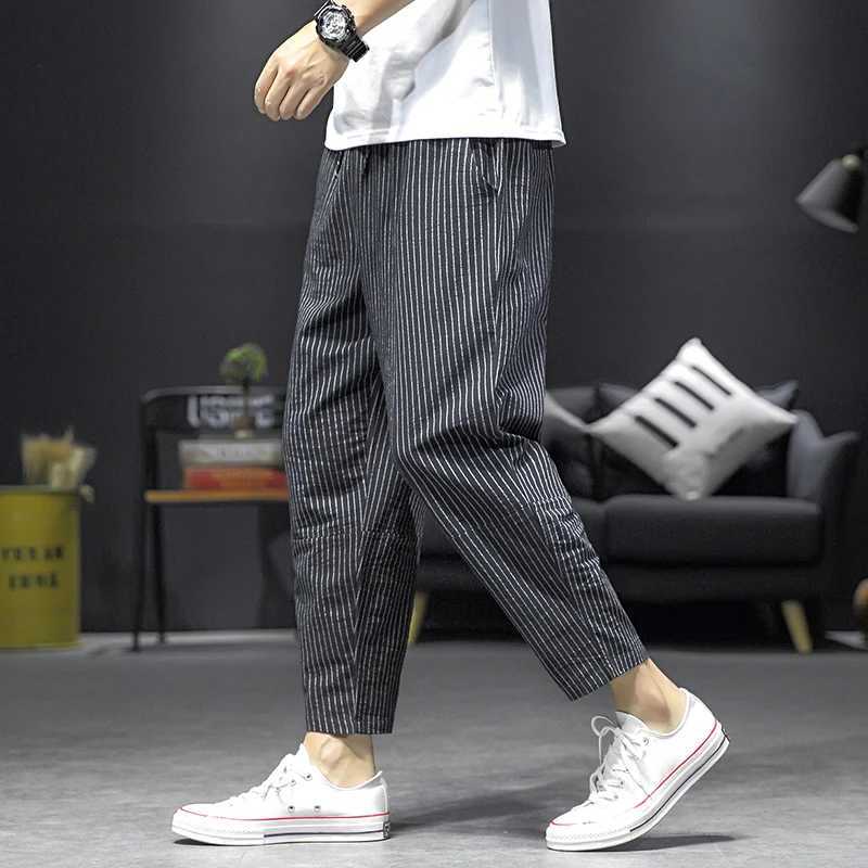 Summer Mens Large Size Classic Harem Pants 3 Colors Casual Fashion Stripe Drawstring Cropped Pants Linen Thin Trousers XJ250821