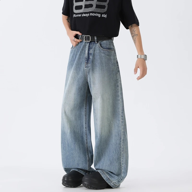 Summer Mens Denim Pants Old Blue Washed Button Jeans Straight Casual Menwear Loose Wide Leg Trousers Fashion Streetwear 250819