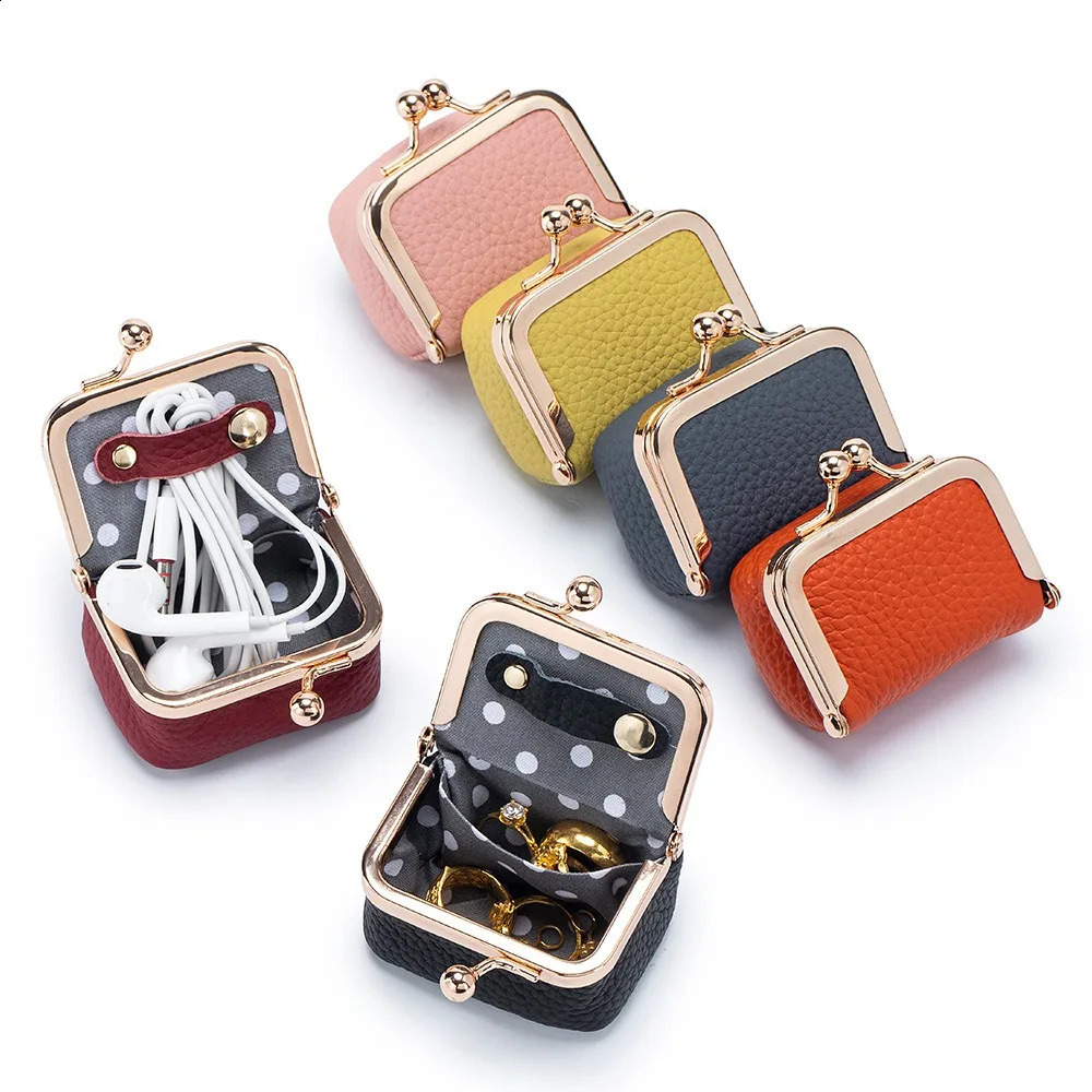 1Pcs Retro Genuine Leather Mini Wallet Coin Purse Solid Color Kiss Lock Change Pouch Casual Style Small Storage Bag for Women 250818